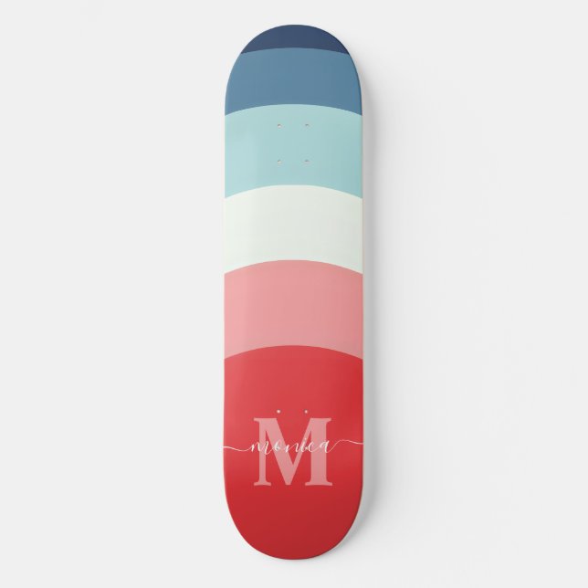Blue Pink Rainbow Curve Stripes Monogram Name Skateboard (Front)