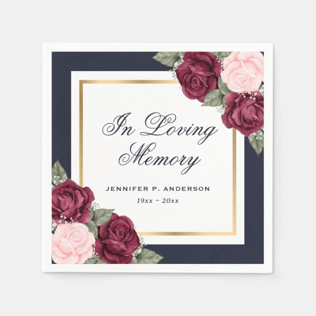Blue Pink Red Gold Floral Funeral Memorial Napkins (Front)