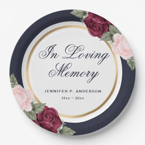 Blue Pink Red Watercolor Floral Memorial Funeral Paper Plates