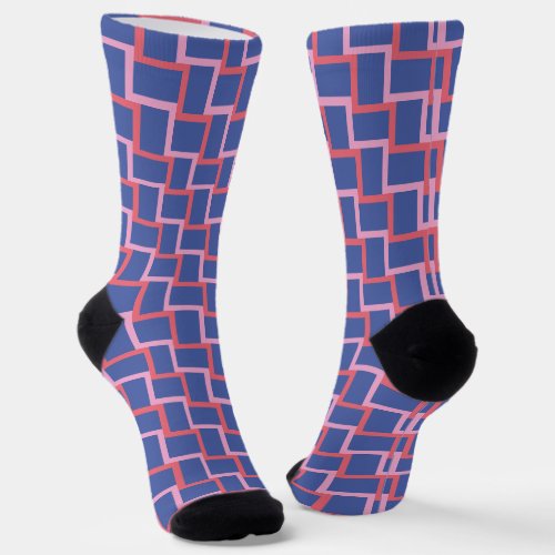 Blue Pink Red Woven Blocks Pattern Socks