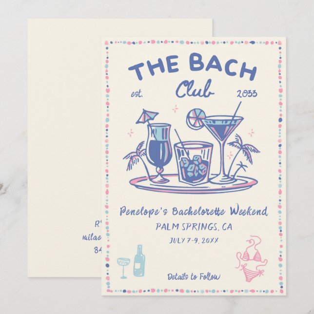 Blue & Pink Retro Cocktail Bachelorette Invitation (Front/Back)