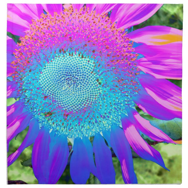 Blue pink retro funky sunflower floral photo napkin (Front)