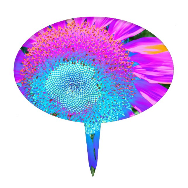Blue pink retro funky sunflower photo cake topper (Front)