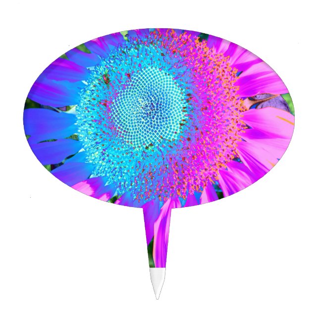 Blue pink retro funky sunflower photo cake topper (Front)