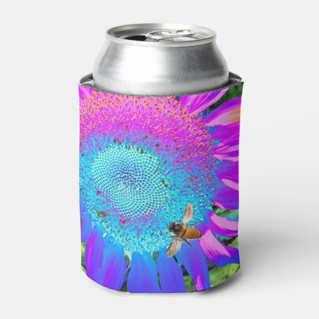 Blue pink retro funky sunflower photo can cooler (Can Front)
