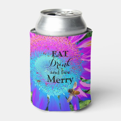 Blue pink retro funky sunflower photo can cooler