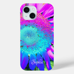 Blue pink retro funky sunflower photo  iPhone 15 case