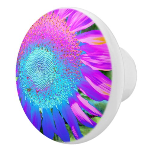 Blue pink retro funky sunflower photo ceramic knob