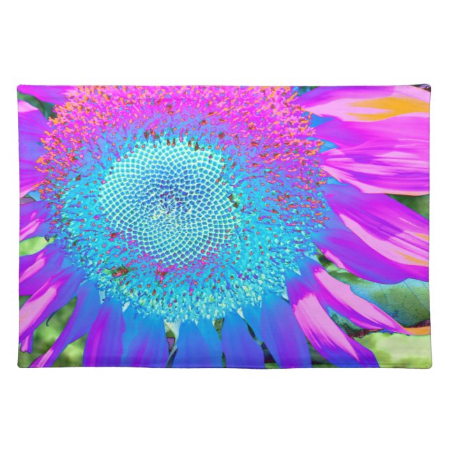 Blue pink retro funky sunflower photo cloth placemat (Front)