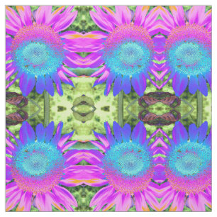 Blue pink retro funky sunflower photo fabric
