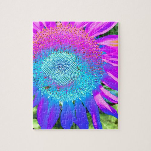 Blue pink retro funky sunflower photo jigsaw puzzle