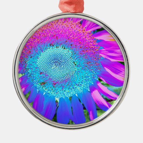 Blue pink retro funky sunflower photo metal ornament