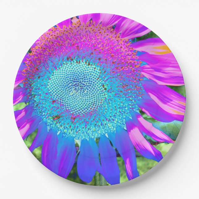 Blue pink retro funky sunflower photo  paper plates (Front)