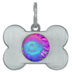 Blue pink retro funky sunflower photo pet ID tag