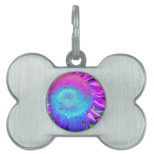 Blue pink retro funky sunflower photo pet ID tag