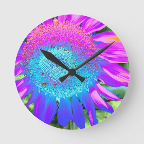 Blue pink retro funky sunflower photo round clock