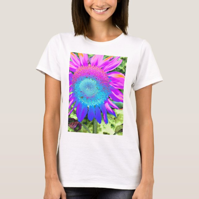 Blue pink retro funky sunflower photo T-Shirt (Front)