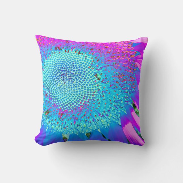 Blue pink retro funky sunflower photo throw pillow (Front)
