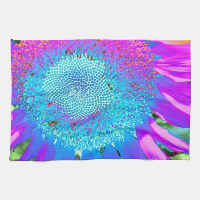 Blue pink retro funky sunflower photo towel (Horizontal)