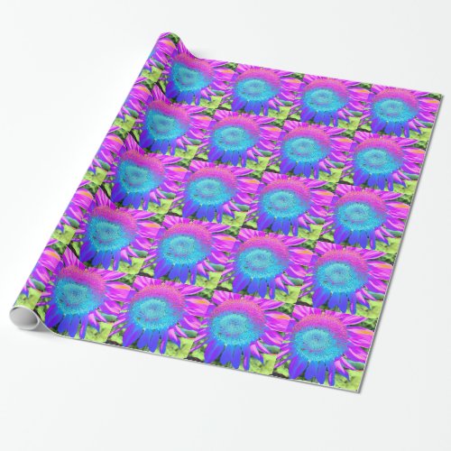 Blue pink retro funky sunflower photo wrapping paper