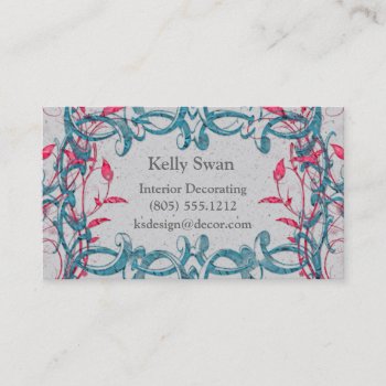 Blue & Pink Retro Swirls & Vines On Rock Business Card by StarStruckDezigns at Zazzle