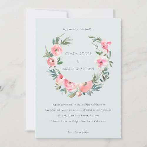Blue Pink Rose Floral Wreath All In One Wedding Invitation