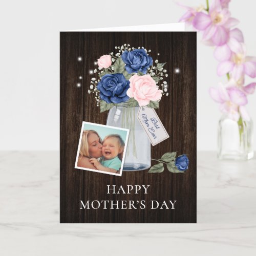 Blue Pink Rose Flowers Photo Happy Mothers Day Card