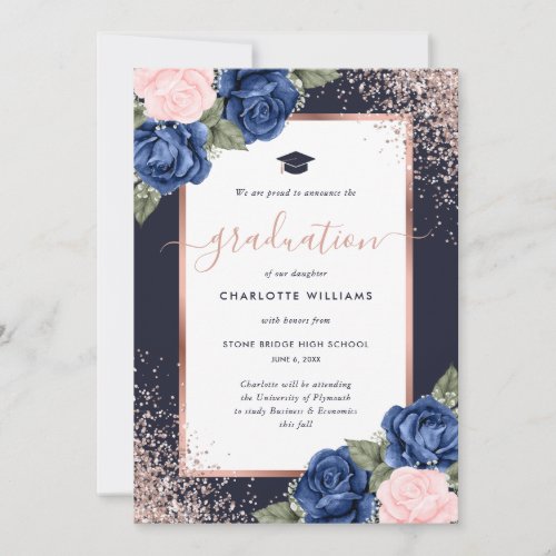 Blue Pink Rose Gold Floral Graduation Announcement