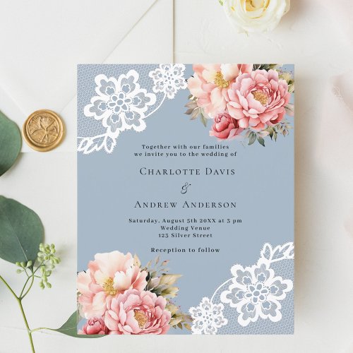 Blue pink rose gold floral lace wedding invitation