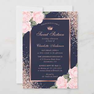 Blue Pink Rose Gold Floral Sweet 16 Birthday Invitation