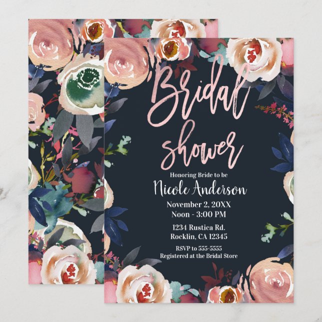 Blue Pink Rose Gold Floral Trendy Bridal Shower Invitation (Front/Back)