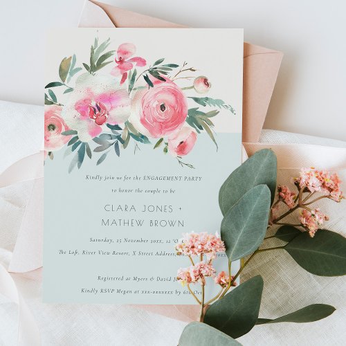Blue Pink Rose Orchid Watercolor Floral Engagement Invitation