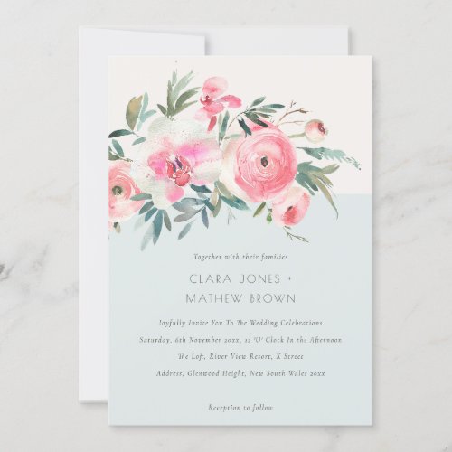 Blue Pink Rose Orchid Watercolor Floral Wedding Invitation