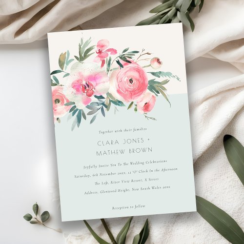 Blue Pink Rose Orchid Watercolor Floral Wedding Invitation