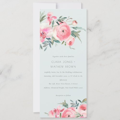 Blue Pink Rose Orchid Watercolor Floral Wedding Invitation