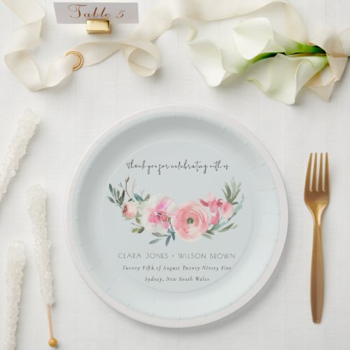 Blue Pink Rose Orchid Watercolor Floral Wedding Paper Plates