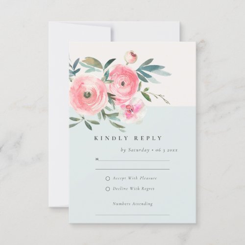 Blue Pink Rose Orchid Watercolor Floral Wedding RSVP Card