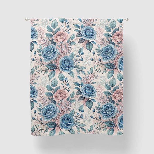 Blue & Pink Rose Pattern on Soft Pinkish-White Blackout Curtains (Front)