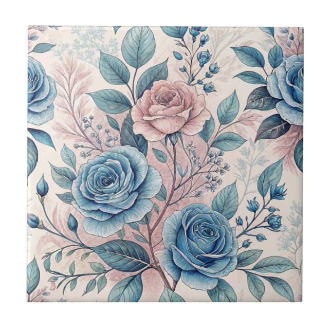 Blue & Pink Rose Pattern on Soft Pinkish-White Ceramic Tile (Front)
