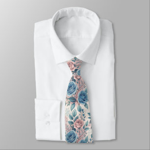 Blue & Pink Rose Pattern on Soft Pinkish-White Neck Tie