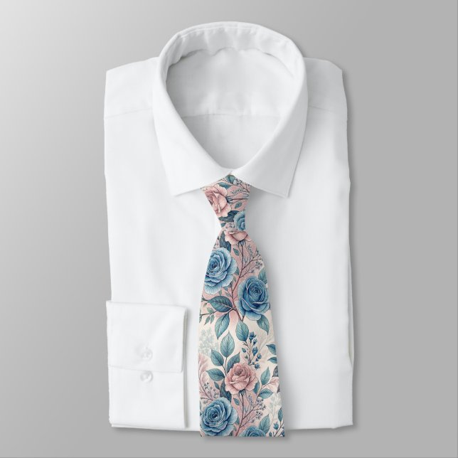 Blue & Pink Rose Pattern on Soft Pinkish-White Neck Tie (Tied)