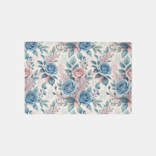 Blue & Pink Rose Pattern on Soft Pinkish-White Outdoor Rug