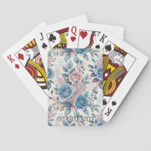 Blue & Pink Rose Pattern on Soft Pinkish-White Poker Cards