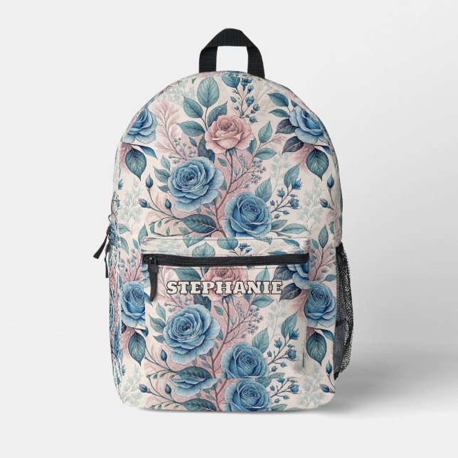 Blue & Pink Rose Pattern on Soft Pinkish-White Printed Backpack (Front)