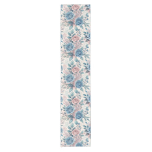 Blue & Pink Rose Pattern on Soft Pinkish-White Short Table Runner