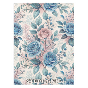 Blue & Pink Rose Pattern on Soft Pinkish-White Tablecloth