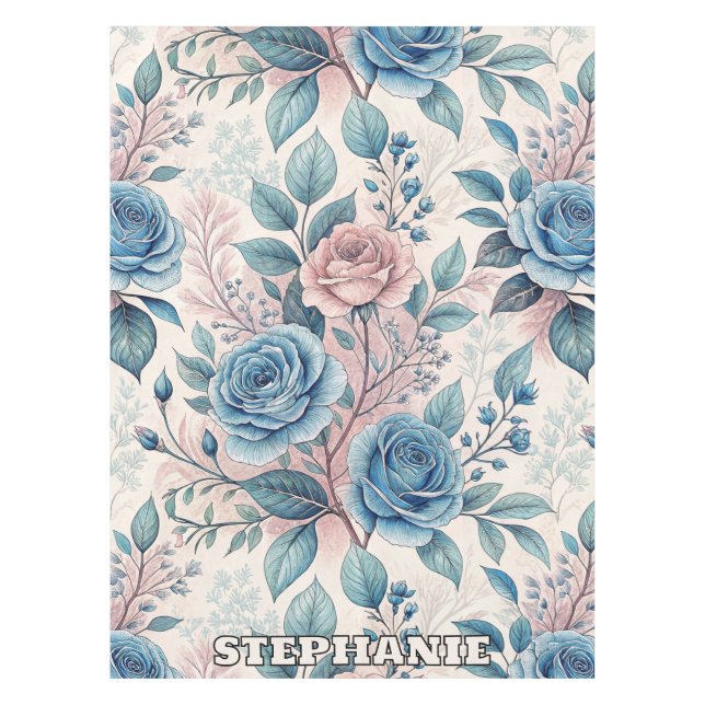 Blue & Pink Rose Pattern on Soft Pinkish-White Tablecloth (Front)