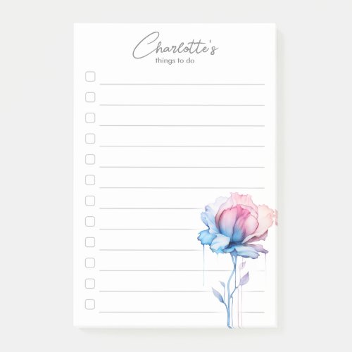 Blue pink Rose watercolor flower To_Do List Post_it Notes