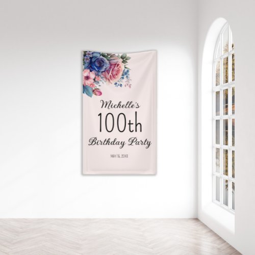 Blue Pink Roses Floral Botanical 100th Birthday  Banner