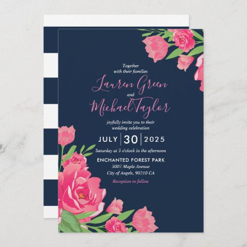 Blue Pink Roses Flower Bouquet Floral Wedding Invitation